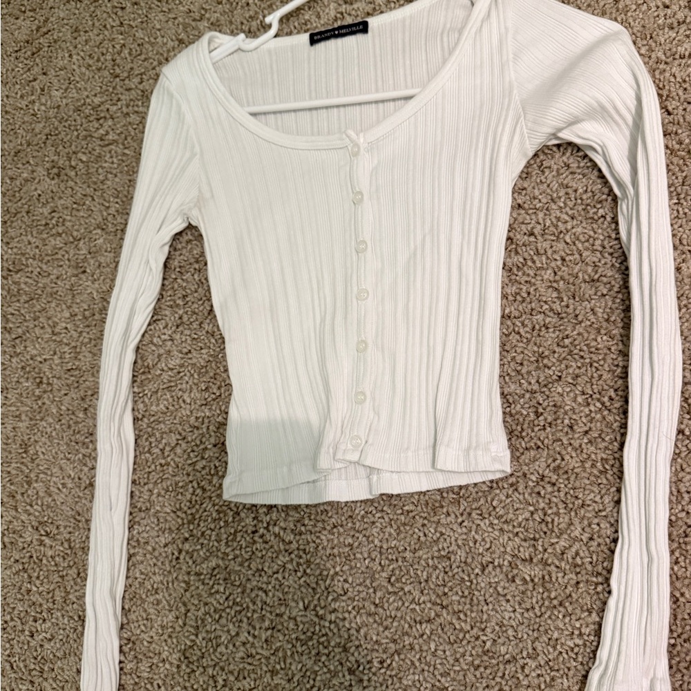 Brandy Melville White Fitted Ribbed Button Down Shirt